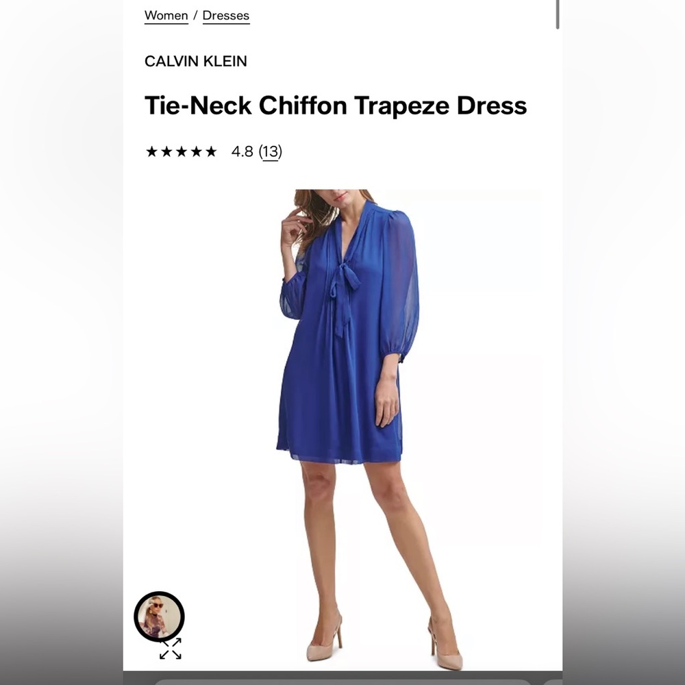 Calvin Klein Tie Neck Chiffon Trapeze Dress size 6 color Klein Blue